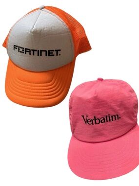 Trucker Hat Lot Of 2 Mesh VTG Verbatim Fortinet & Cap Tech Computer Neon Orange